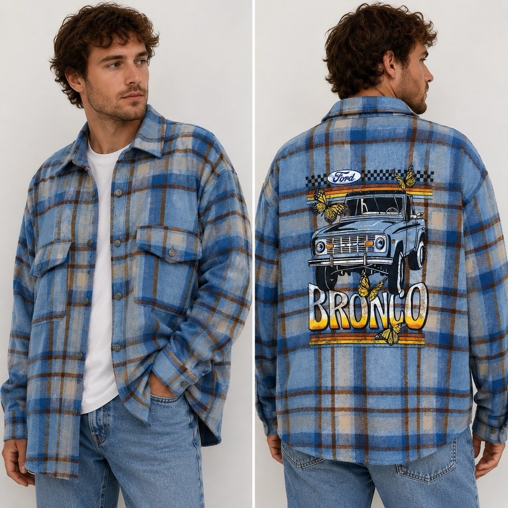 Ford Blue Plaid Bronco Graphic Button-Down Shirt